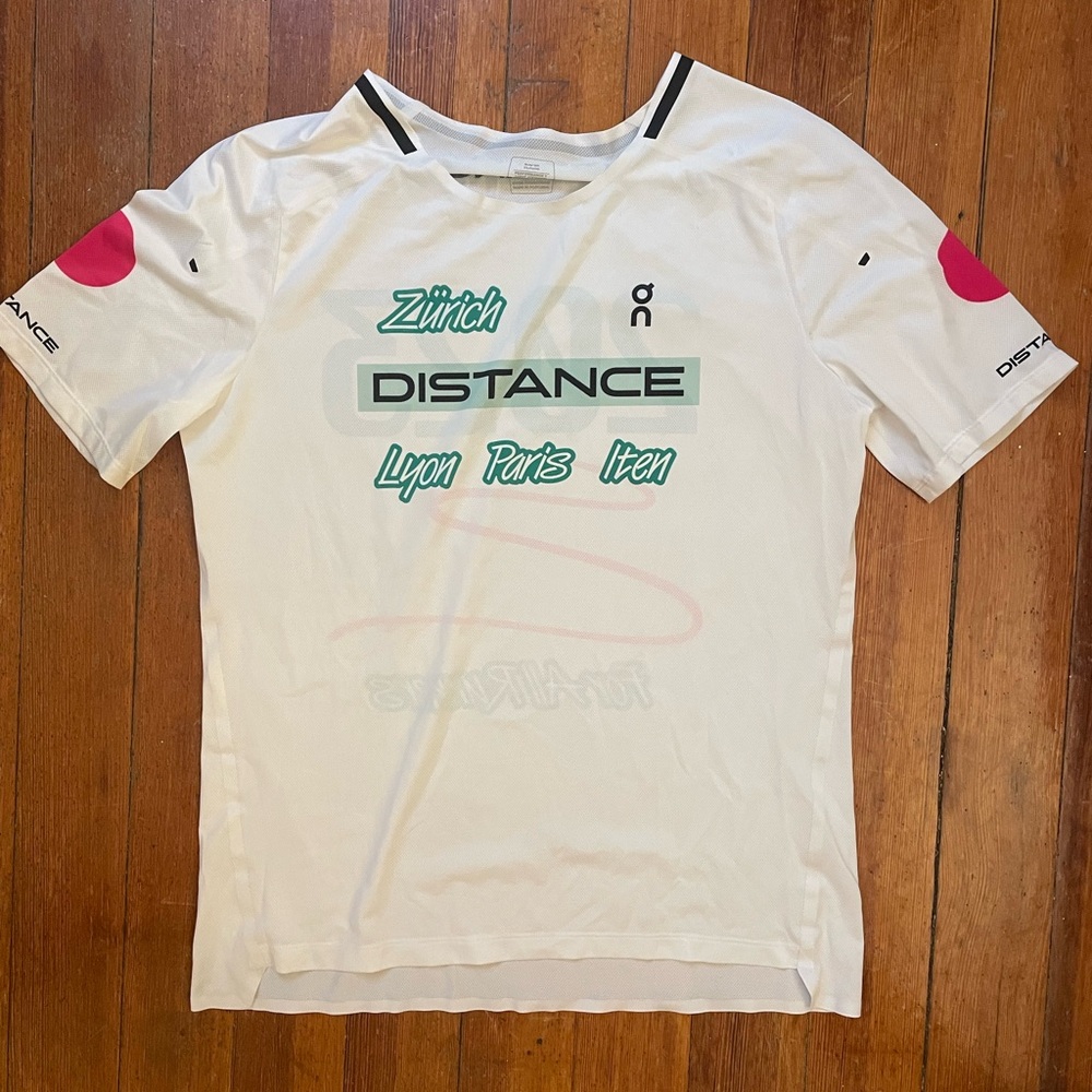 On Running White and Pink Short Sleeve Tee